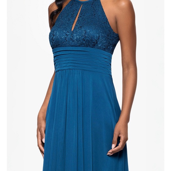 Betsy & Adam Teal Halter Sequin Chiffon Gown Petite Size 2P Formal Evening - Picture 7 of 8